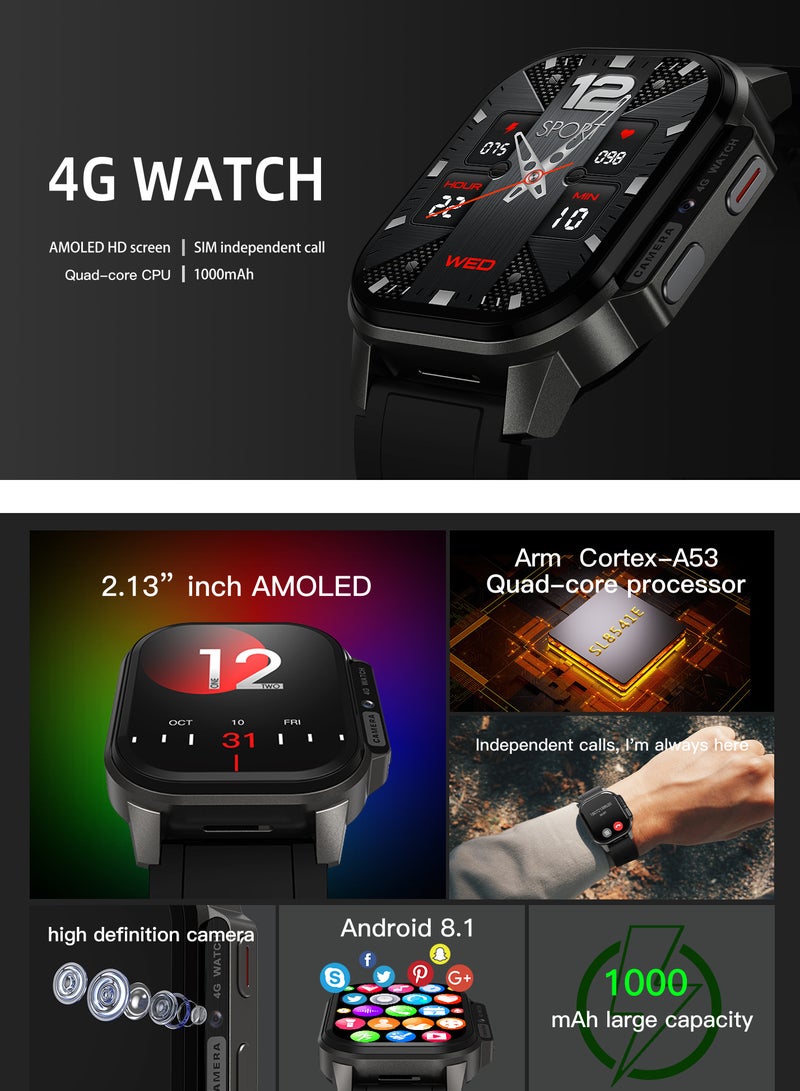 ساعة ذكية بشاشة AMOLED 2.13 بوصة عالية الوضوح، شبكة 4G مع بطاقة SIM، تتبع نبضات القلب والنشاط، معالج رباعي النوى وبطارية 1000 ملي أمبير – مكالمات ورسائل مستقلة - Image 2