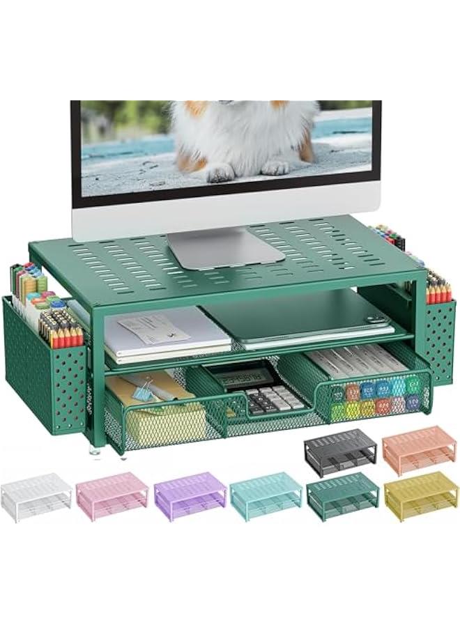 Arabest Desk Organizers and Accessories, Monitor Stand with Drawer and 2 Pen Holder, Desktop Organizer Suitable for Offices and Dormitories (Green)  - Image 1