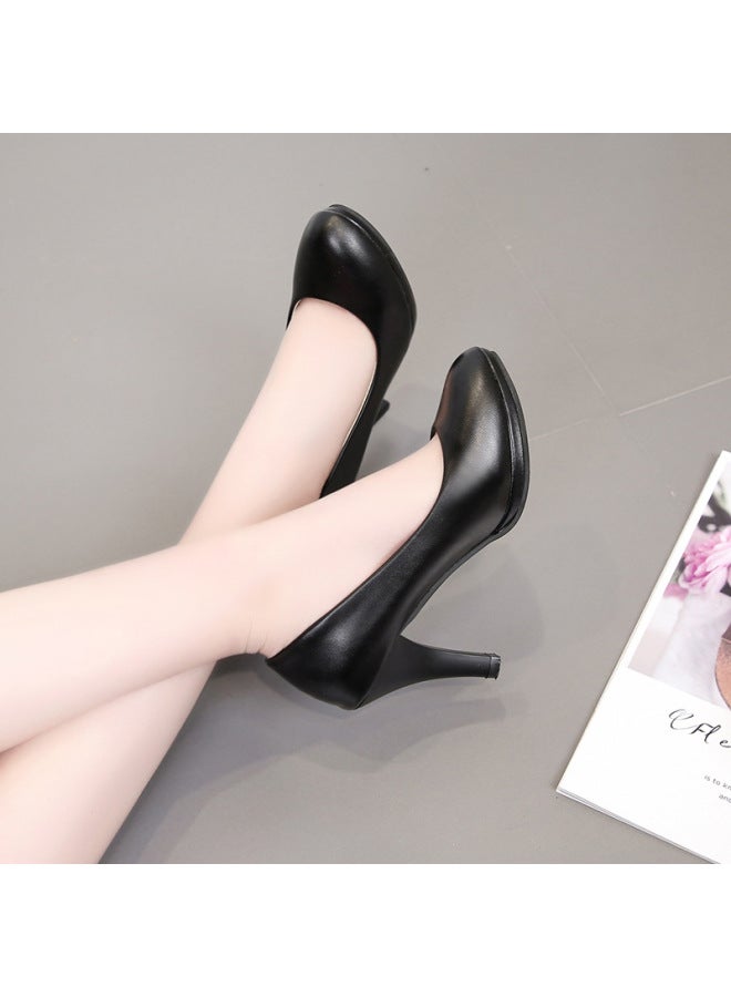 W8cm Shallow Round-toe Work Shoes For Women, Black Professional High-heeled Shoes, Comfortable Soft Leather Commuter Shoes, Large Size 41-42