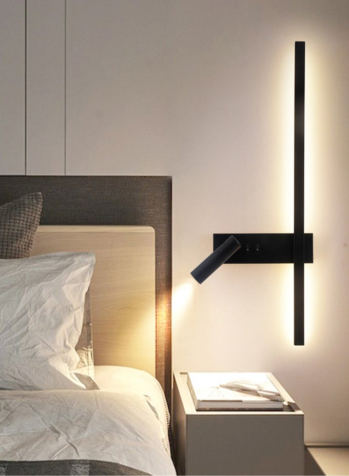 MINIMALIST LED STRIP WALL LIGHT (BLACK, 60CM, 3000K WARM LIGHT) LED BEDROOM WALL LIGHT WITH SPOTLIGHT - INDOOR WALL LIGHT - PERFECT FOR WALL DECORATION - LED INDOOR LIGHT - INDOOR LIGHTING - ROOM DECORATION - LIGHT - BEDSIDE TABLE - BEDROOM