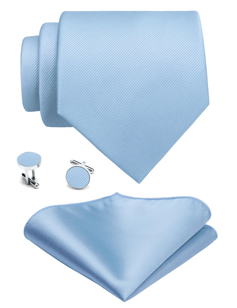 GUSLESON Solid Baby Blue Wedding Ties For Men Neckties and Pocket Square Cufflinks Sets(IN0789-48) - Image 2
