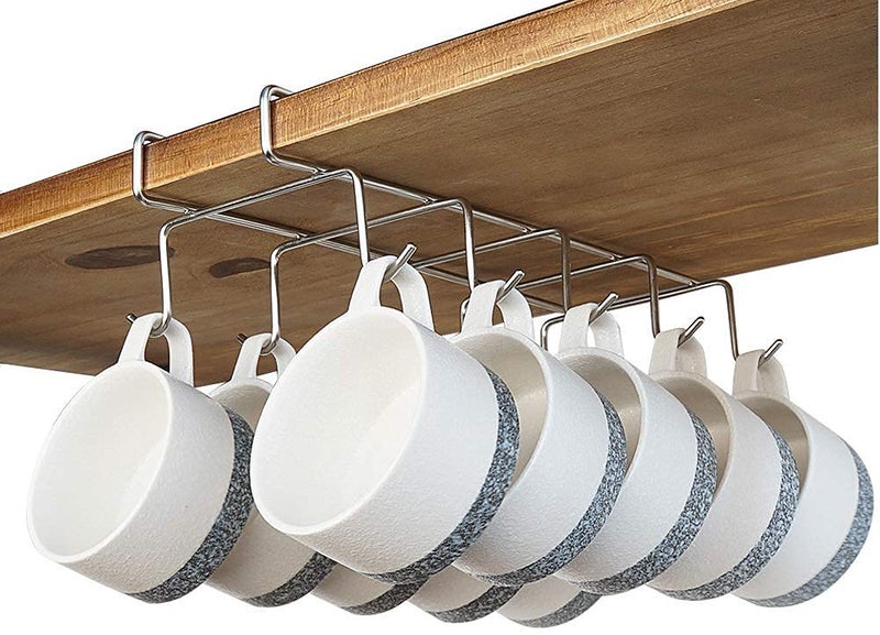 Zollyss 304 Stainless Steel Under Shelf Coffee Mug Cup Holder Rack Organizer Stand for Kitchen Counter, Cabinet, Table with 10 Hooks, Pack of 1 - Image 1