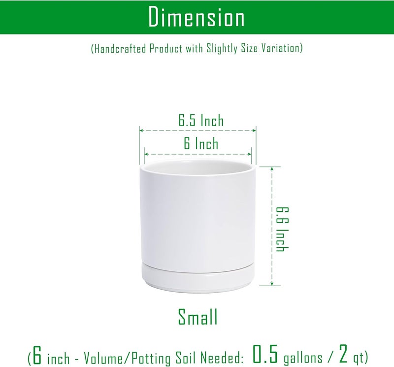 D'vine Dev Set of 2 Plants Pots, 6.5 Inch Ceramic Planter Pot for Plants with Drainage Hole and Saucer, White, 94-V-C-1 - Image 3