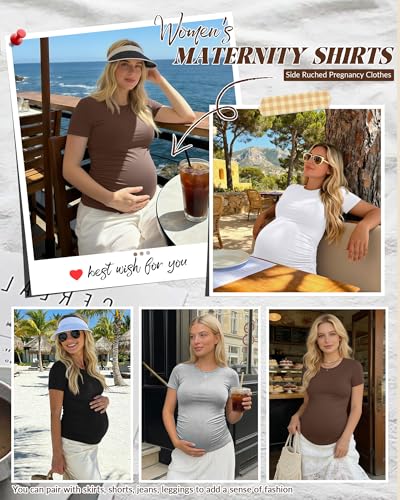 Huukeay 4 Pack Womens Maternity Shirts Crew Neck Maternity Top Short Sleeve Casual Cotton Tee Side Ruched Pregnancy ClothesBlack White Light Gray CoffeeMedium - Image 3