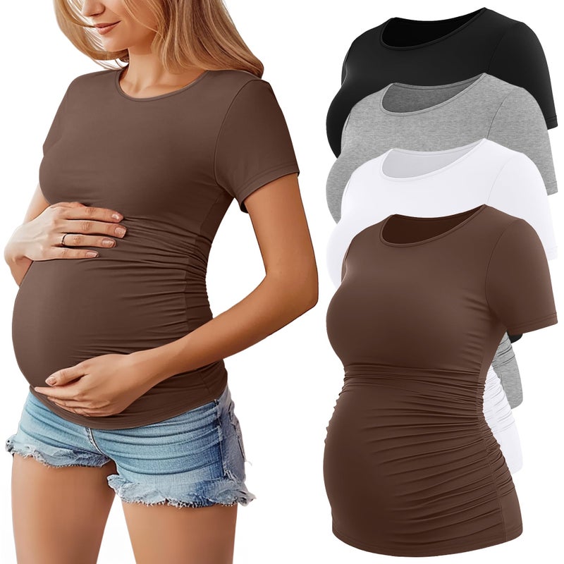 Huukeay 4 Pack Womens Maternity Shirts Crew Neck Maternity Top Short Sleeve Casual Cotton Tee Side Ruched Pregnancy ClothesBlack White Light Gray CoffeeMedium - Image 2
