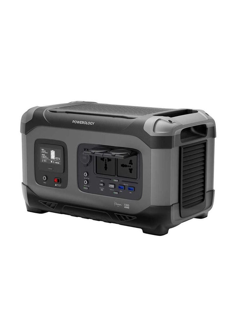 Powerology - 392000mAh Power Generator 1300W 60W USB-C Power Delivery/18W USB Quick Charge, Power Up To 6 Devices At Once With Over-Load Protection, Solar Re-Charge 2000W Max Surge - Black - Image 1