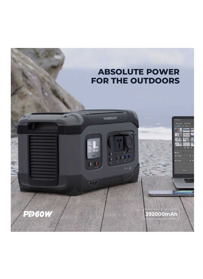 Powerology - 392000mAh Power Generator 1300W 60W USB-C Power Delivery/18W USB Quick Charge, Power Up To 6 Devices At Once With Over-Load Protection, Solar Re-Charge 2000W Max Surge - Black - Image 1
