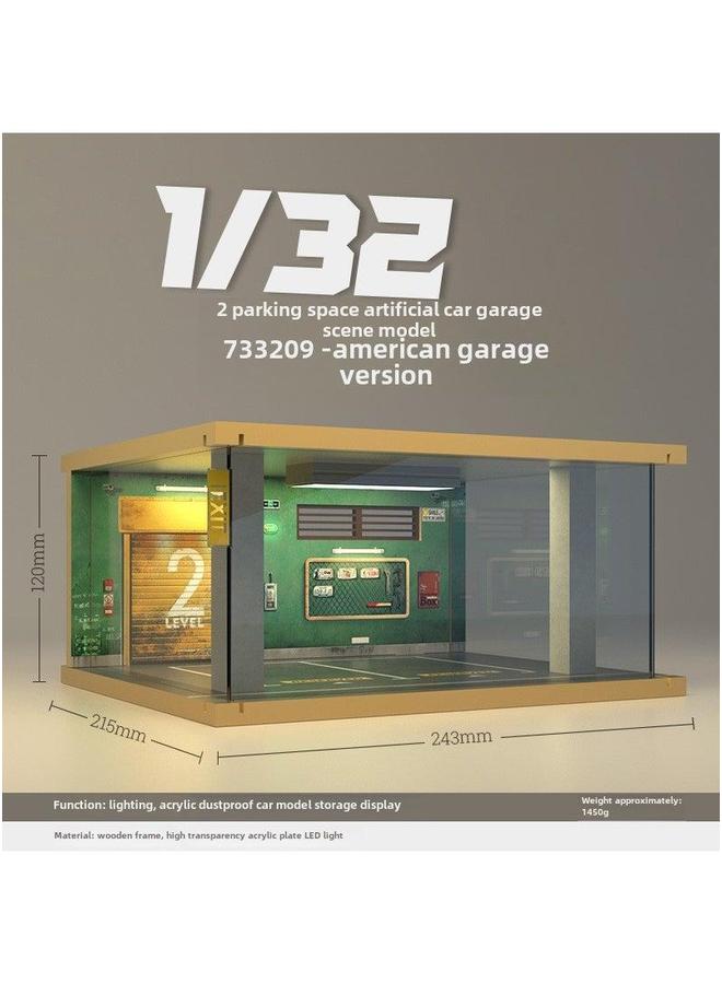 Loquat Wholesale Miniature Car Garage Model, Wooden Dustproof Cover with Light, 1:32 733209-Two-car American