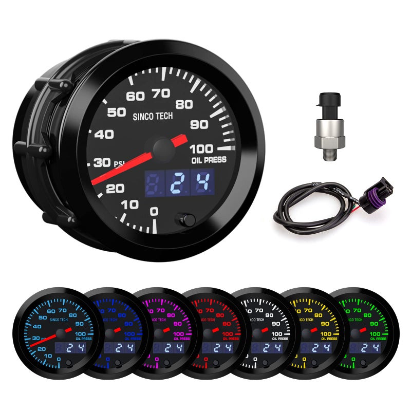 SINCO TECH 52mm Gauge Car Meter Digital Display Pointer 7 Colors Backlight 12V Universal Gauge Kit Oil Pressure PSI