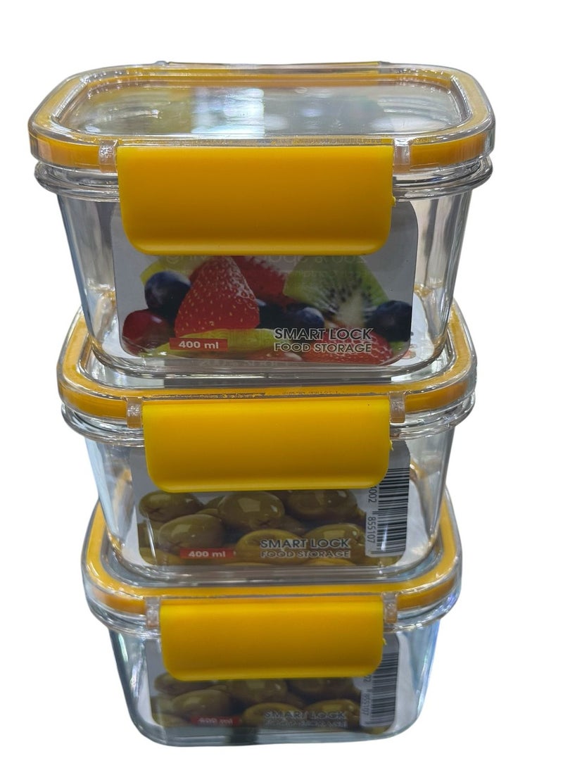 فينيكس طقم علبة حفظ طعام للثلاجة من الاكريليك 3 قطع مع قفل محكم الغلق وجوانب سيليكون شفافة - × 400 مل اصفر - Image 1