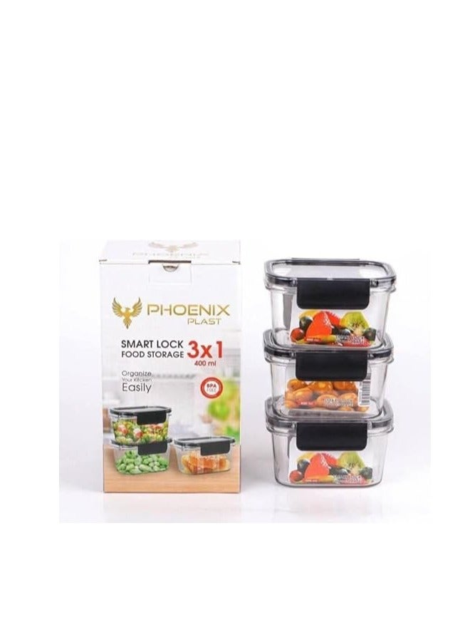 فينيكس طقم علبة حفظ طعام للثلاجة من الاكريليك 3 قطع مع قفل محكم الغلق وجوانب سيليكون شفافة - × 400 مل اصفر - Image 3