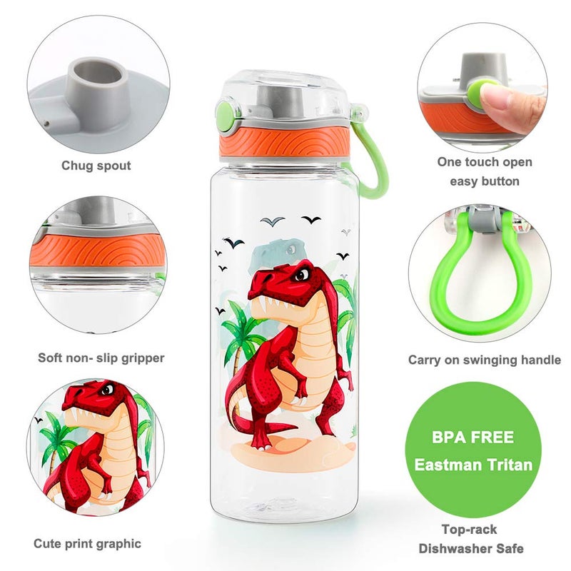Home Tune 23oz Kids Water Bottle for School Boys, BPA FREE Tritan, Leak Proof Flip Top Lid, Easy Clean, Carry Handle - Dinosaur - Image 2