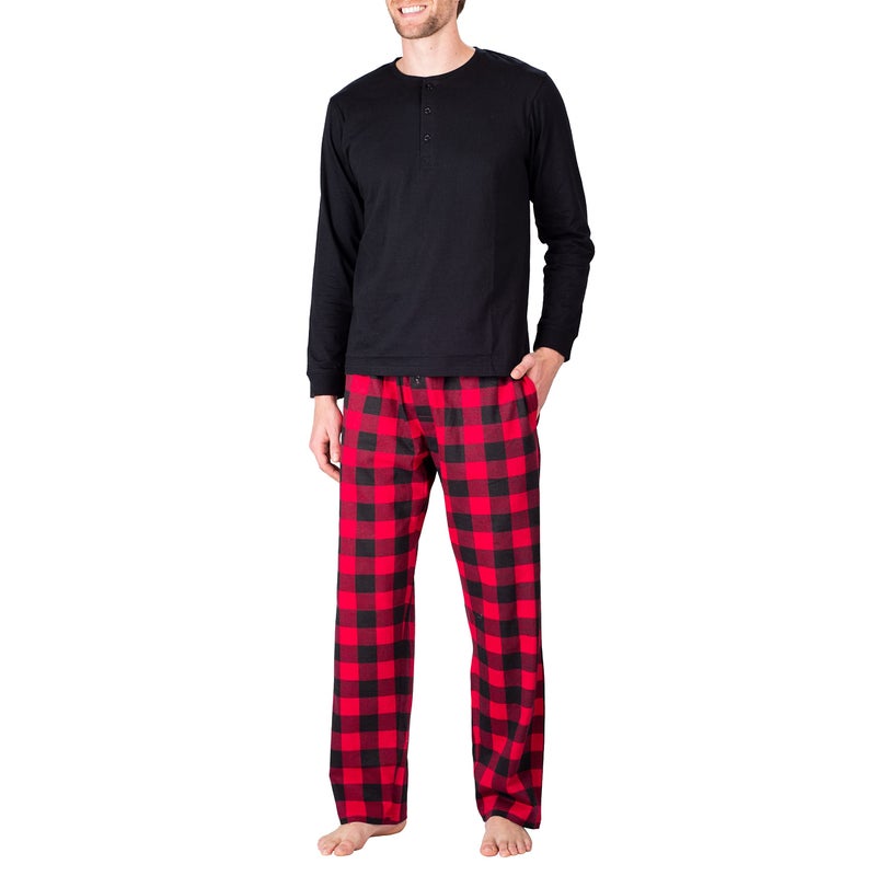Mens Pajamas Set 2 Piece Pajamas For Men Long Sleeve Pant Cotton Black with Buffalo Check XXL