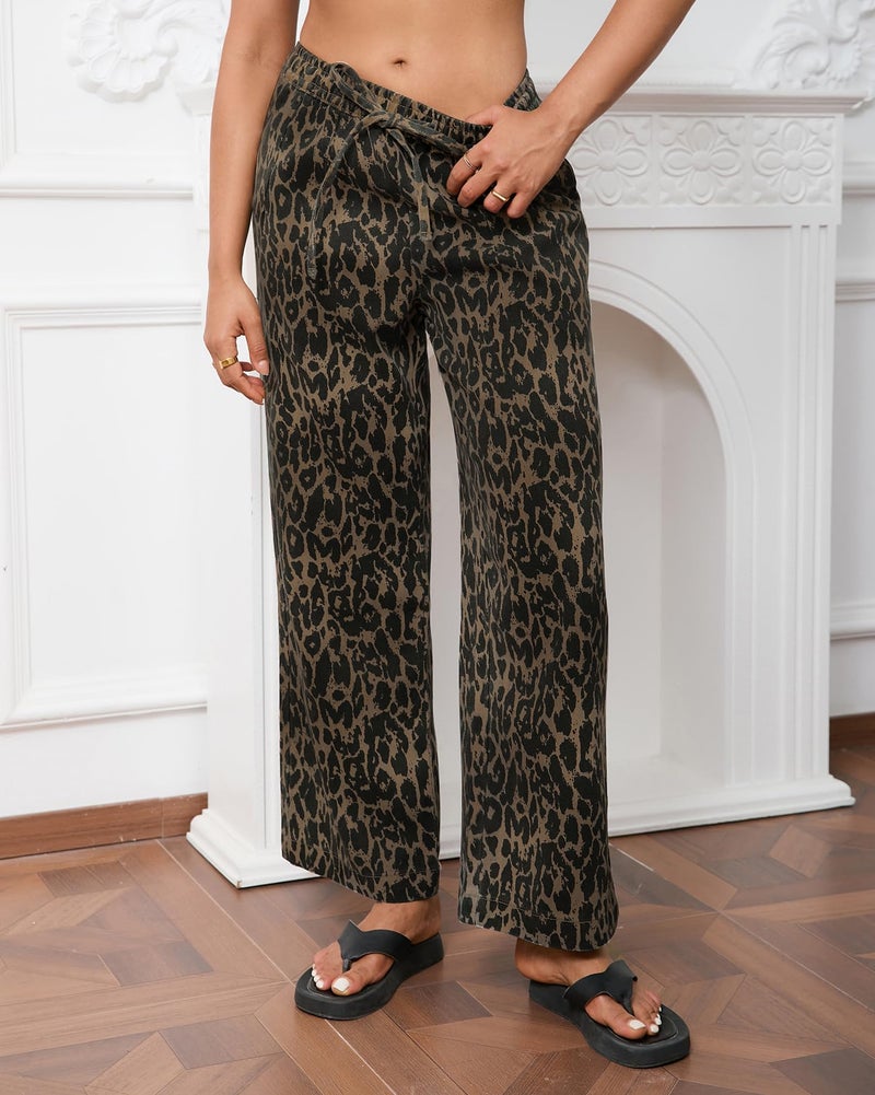 Kedera Womens Leopard Print Jeans Baggy Mid Rise Wide Leg Trousers High Waisted Drawstring Pants Animal Print Long Pants Loose - Image 5