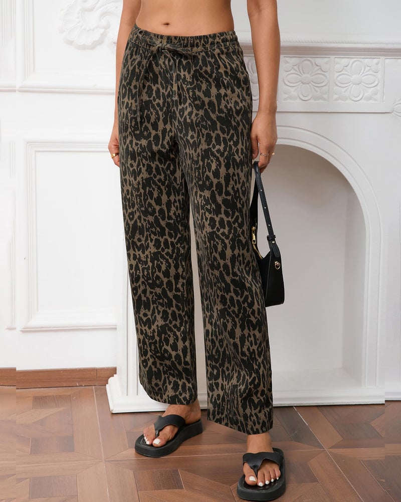 Kedera Womens Leopard Print Jeans Baggy Mid Rise Wide Leg Trousers High Waisted Drawstring Pants Animal Print Long Pants Loose - Image 3