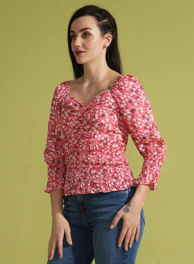 globus Floral Printed Sweetheart Neck Ruched Detail Top