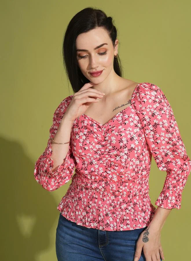 globus Floral Printed Sweetheart Neck Ruched Detail Top