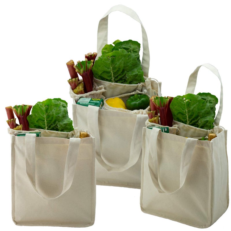 Simple Ecology Organic Cotton Deluxe Reusable Grocery Shopping Bag with Bottle Sleeves and Rigid Bottom Support UPDATED DESIGN  Natural 3 Pack