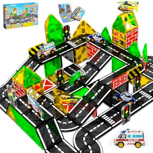 Magnetopia Magnetic Tiles Road Car SetMagnetic Building Blocks for Kids Learning Sensory Montessori Toys for 38 Year Old Boys Girls Birthday Gifts for 38 Year Old Boys Girls STEM Toys for Toddler - Image 1