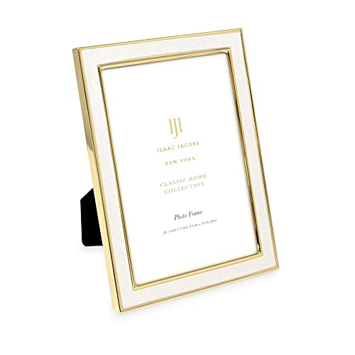 Isaac Jacobs Isaac Jacobs 5x7 White Textured Leather Vertical  Horizontal  Gold Metal Picture Frame with Black Fabric Easel WallMountable Made for Tabletop Home or Office 5x7 White W Gold