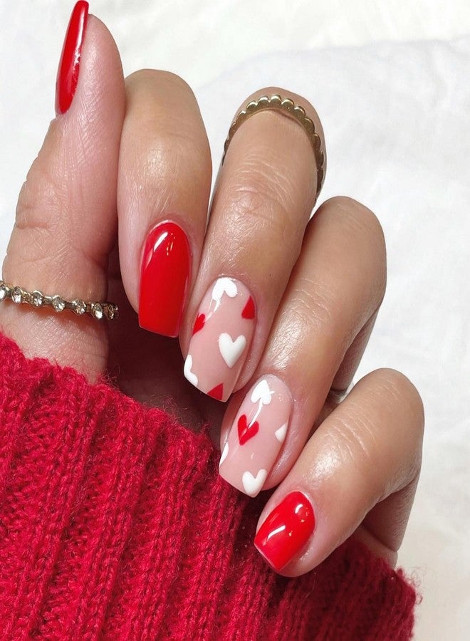 OCOUYVD Heart Press on Nails Short Square Valentines Fake Petite Red Stick on Full Cover False With Red White Heart Designs Acrylic Glossy Artificial for Women Girls - Image 1