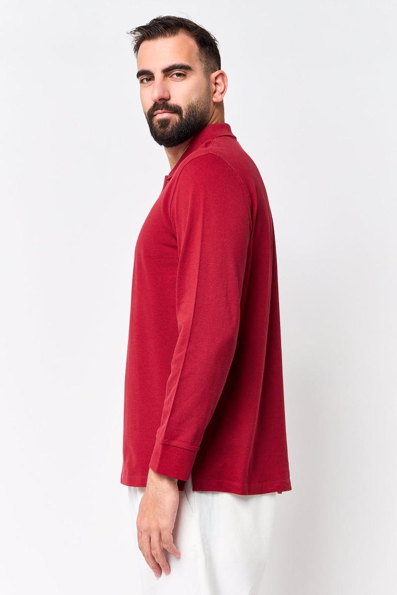 Celio Men Regular Fit Textured Long Sleeve Polo Shirt, Maroon - Image 3