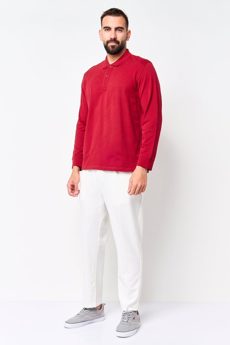 Celio Men Regular Fit Textured Long Sleeve Polo Shirt, Maroon - Image 2