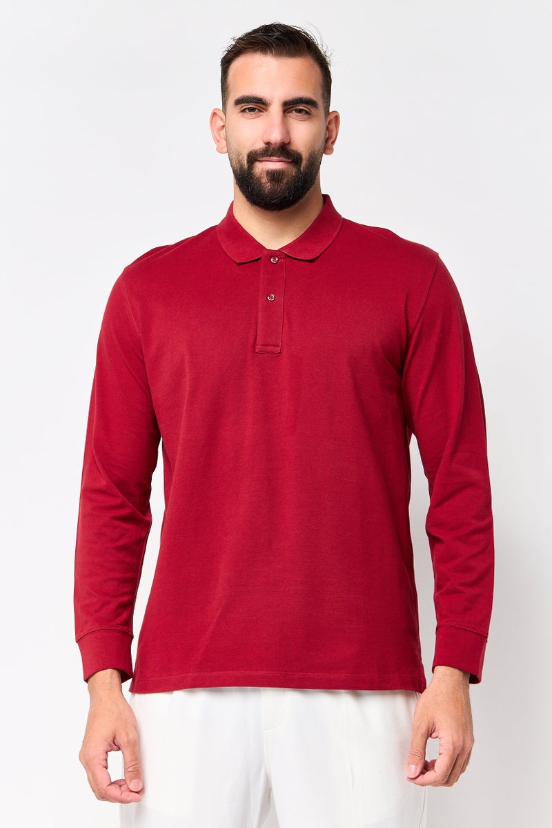 Celio Men Regular Fit Textured Long Sleeve Polo Shirt, Maroon - Image 1