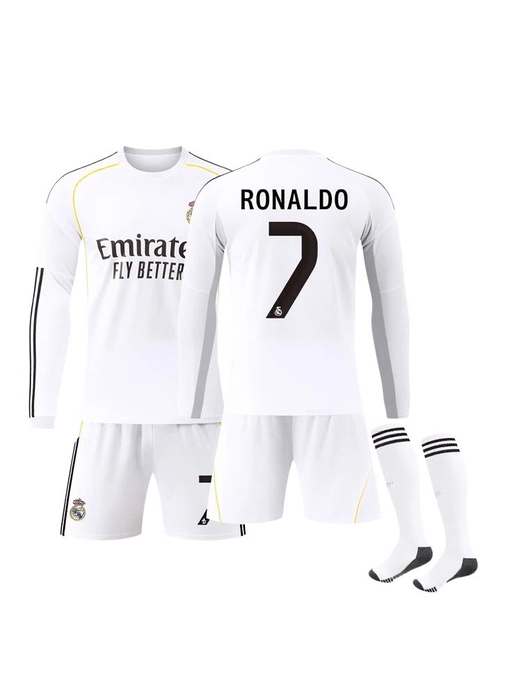 Real Madrid 2025-2026 Real Madrid home football uniform #7 RONALDO long-sleeved football jersey shorts socks set children's size and adult size gifts for fans and friends - Image 1