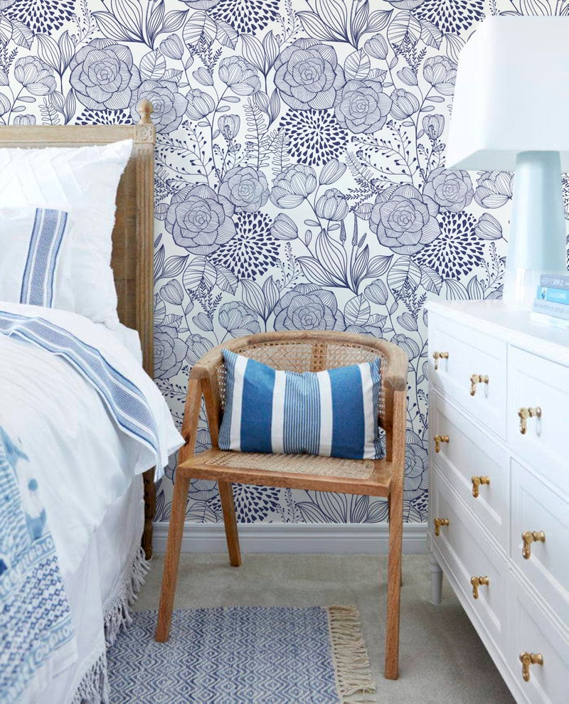 Wudnaye Navy Blue Floral Peel and Stick Wallpaper Blue and White Wallpaper 16.9"Ã—118" Navy Floral Stick and Peel Wall Paper Flowers Contact Paper Self Adhesive Removable Waterproof for Bathroom Decor - Image 2