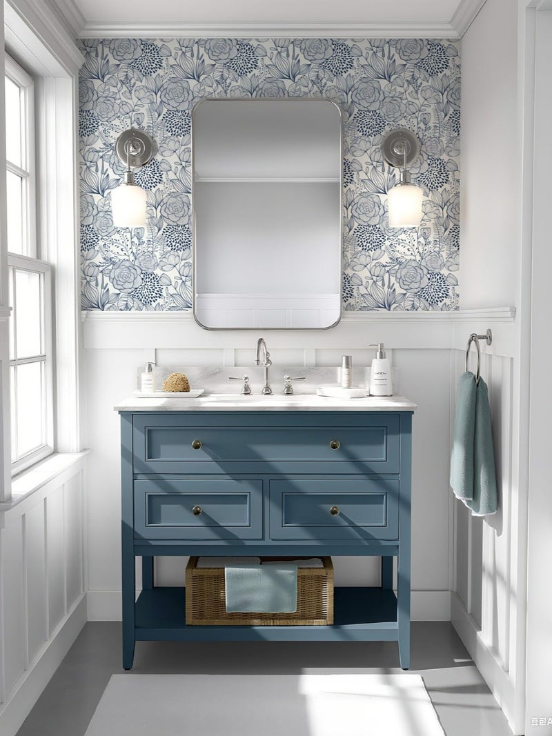 Wudnaye Navy Blue Floral Peel and Stick Wallpaper Blue and White Wallpaper 16.9"Ã—118" Navy Floral Stick and Peel Wall Paper Flowers Contact Paper Self Adhesive Removable Waterproof for Bathroom Decor - Image 3