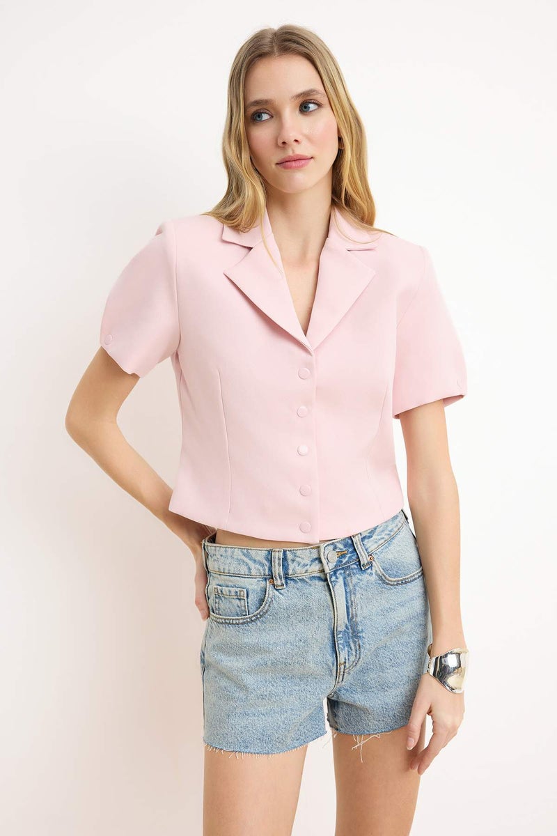 trendyol Pink Snap Fastener Short Sleeve Lined Crop Blazer Jacket Twoss26Bc00029 - Image 1