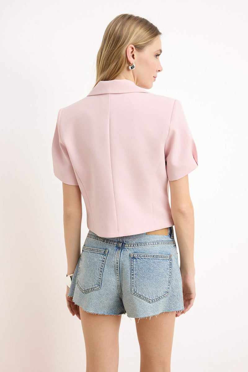 trendyol Pink Snap Fastener Short Sleeve Lined Crop Blazer Jacket Twoss26Bc00029 - Image 4