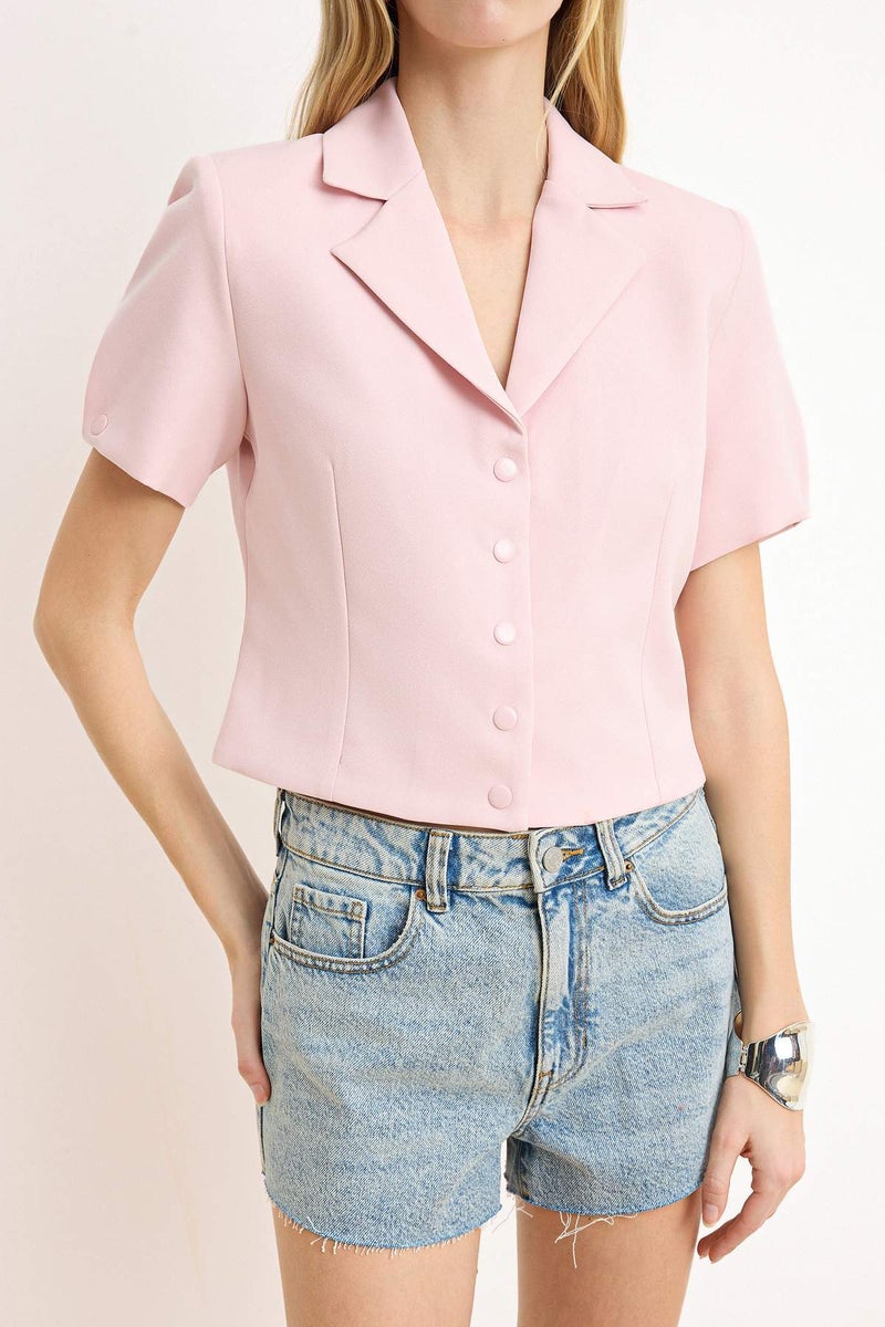trendyol Pink Snap Fastener Short Sleeve Lined Crop Blazer Jacket Twoss26Bc00029 - Image 3