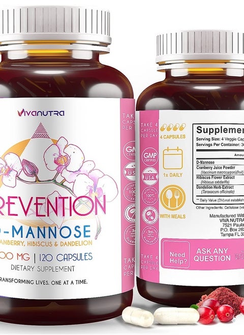 D Mannose Capsules 2000 MG Per Day - With Cranberry Pills for Urinary Tract Infection - Fast-Acting Pills For Bladder Health, UTI, Flush Impurities, d-mannose 4-in-1 Formula for men and women 120CT
