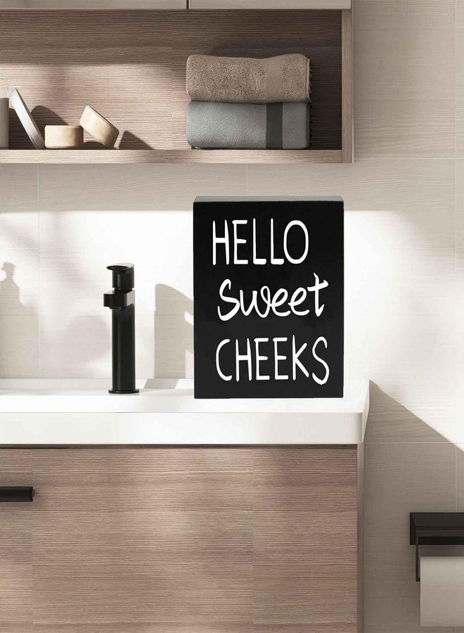 HEYTUYA Hello Sweet Cheeks Wooden Box Sign, Hello Sweet Cheeks Bathroom Decor, Funny Bathroom Shelf Decor Wall Decor Bathroom Signs, Rustic Black Farmhouse Sign - Image 4