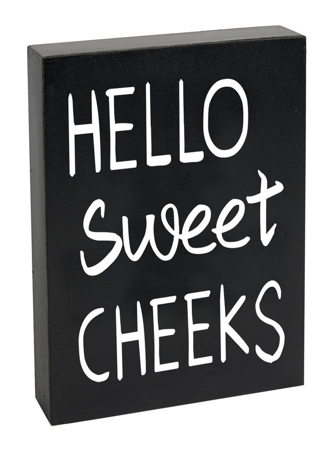 HEYTUYA Hello Sweet Cheeks Wooden Box Sign, Hello Sweet Cheeks Bathroom Decor, Funny Bathroom Shelf Decor Wall Decor Bathroom Signs, Rustic Black Farmhouse Sign - Image 1