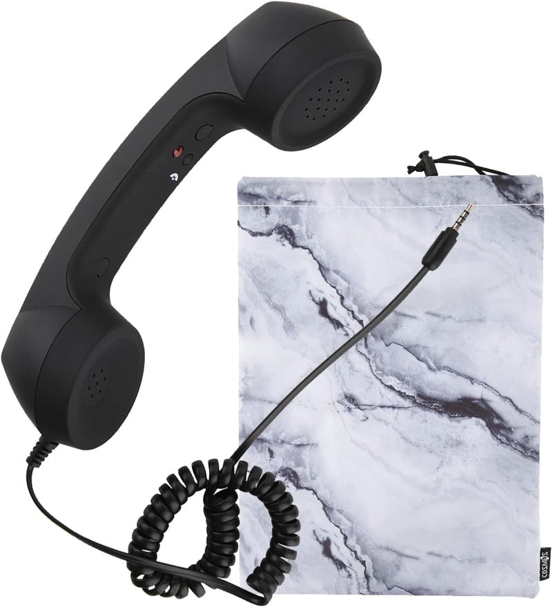 COSMOS Retro Handset Cell Phone Receiver MIC Microphone Speaker for Smartphone Cellphone with 3.5 mm Socket, Black Color with Marble Pattern Carrying Bag - Image 1