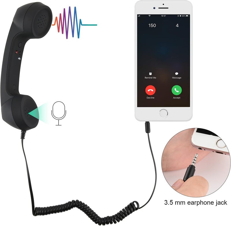 COSMOS Retro Handset Cell Phone Receiver MIC Microphone Speaker for Smartphone Cellphone with 3.5 mm Socket, Black Color with Marble Pattern Carrying Bag - Image 2