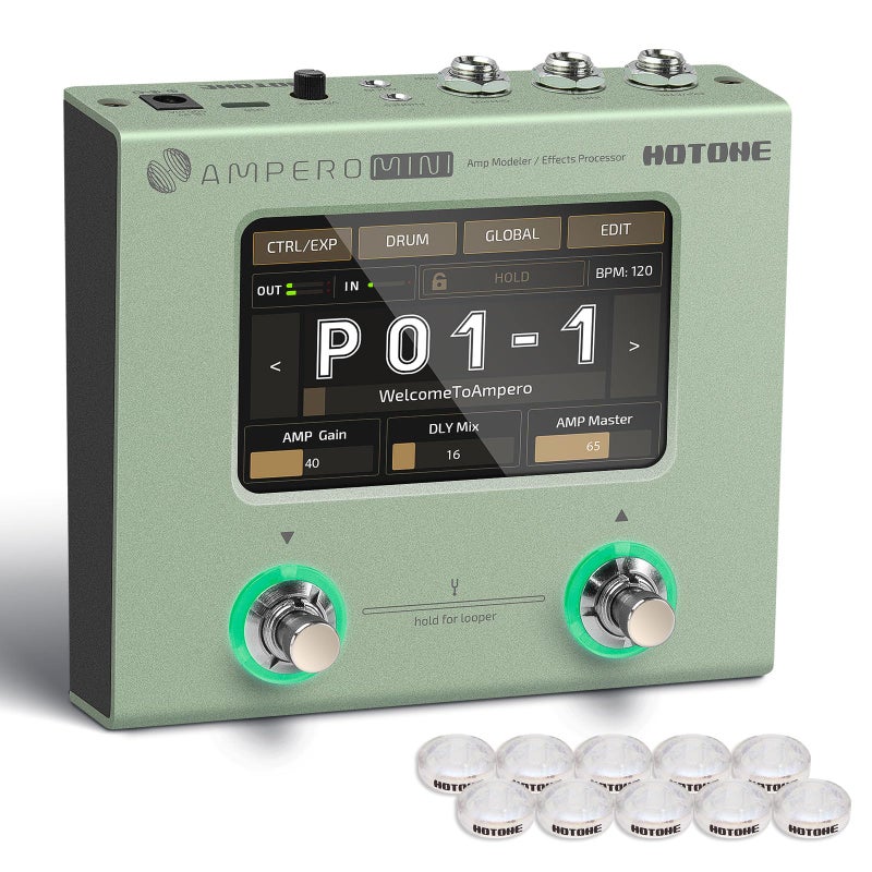 HOTONE Multi Effects Processor Pedal Guitar Bass Amp Modeling IR Cabinets Simulation Multi LanguageStereo OTG USB Audio Interface Ampero Mini MP50 Include 10 PCS Additional Footswitch Toppers
