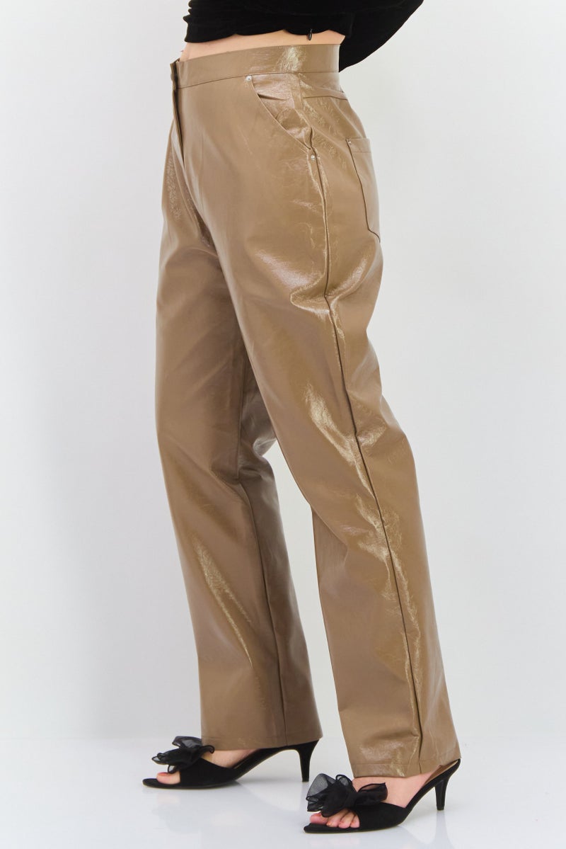 4th & Reckless Women Regular Fit Wide Leg Leather Pants, Dark Tan  - Image 2