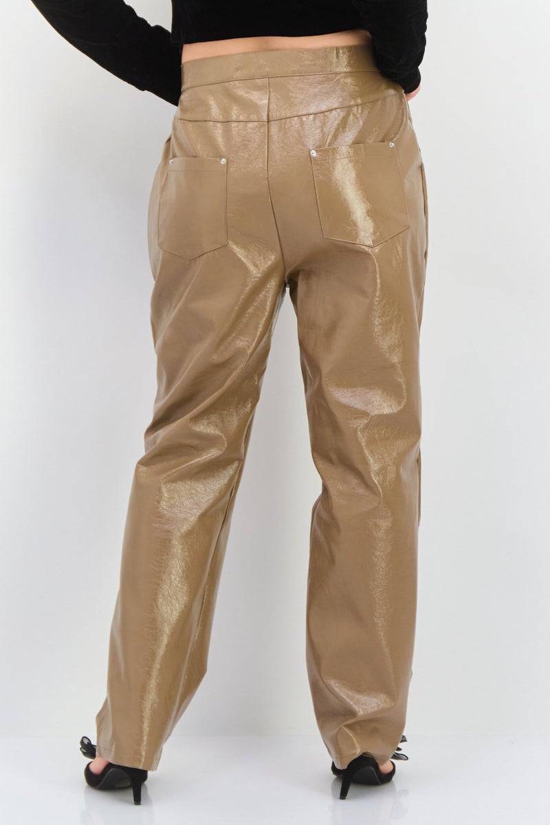 4th & Reckless Women Regular Fit Wide Leg Leather Pants, Dark Tan  - Image 3
