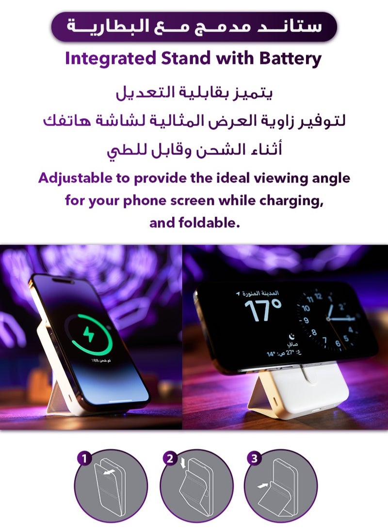 أرجوان بطارية متنقلة ماج سيف 10000mAh بتصميم أنيق ومحمول، مزودة بستاند لسهولة الاستخدام، تدعم الشحن اللاسلكي السريع، وتأتي مع كابل شحن مرفق لمرونة أكبر - أبيض  - Image 3