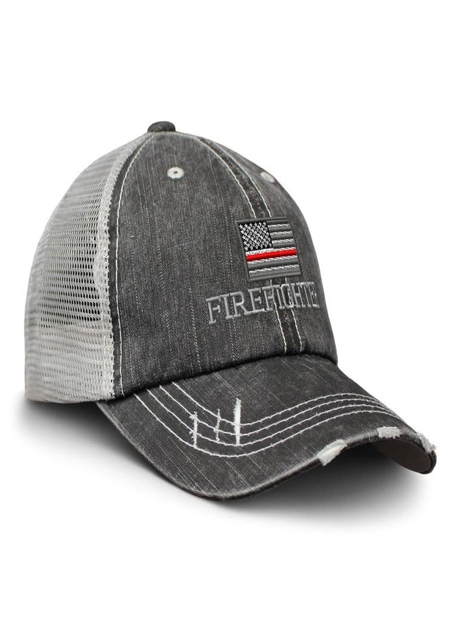 Speedy Pros Distressed Trucker Hat Firefighter Fireman U.S. Flag Embroidery for Men & Women Black Gray - Image 1
