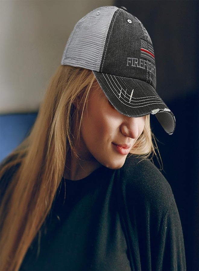 Speedy Pros Distressed Trucker Hat Firefighter Fireman U.S. Flag Embroidery for Men & Women Black Gray - Image 2