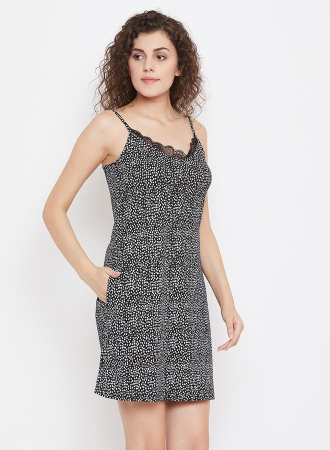 Clovia Women Black Sleeveless Polka Dot Nightdress - Image 4