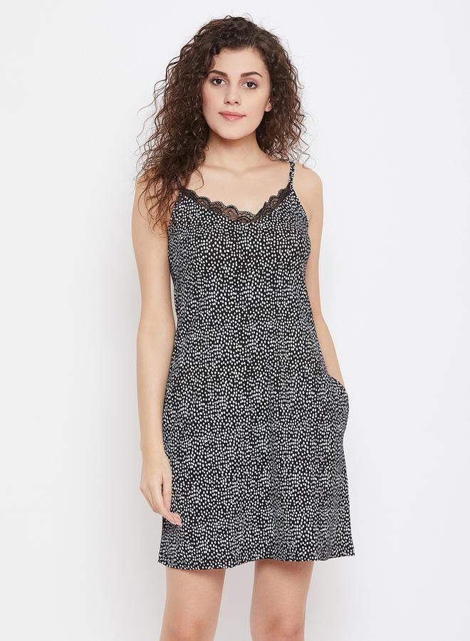 Clovia Women Black Sleeveless Polka Dot Nightdress - Image 2