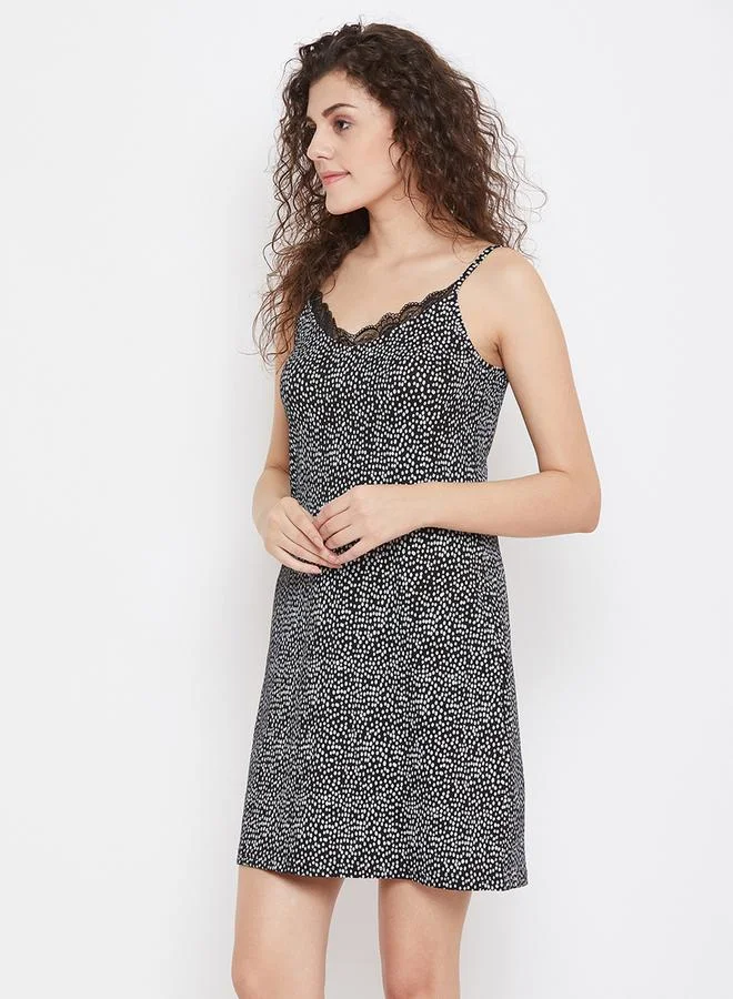 Clovia Clovia Women Black Sleeveless Polka Dot Nightdress