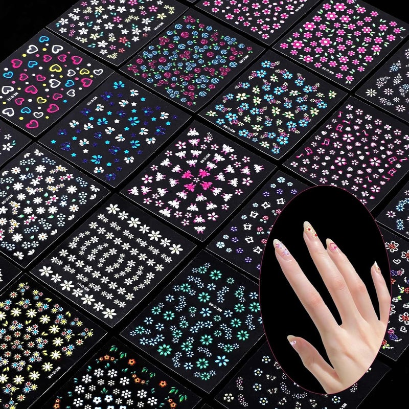 Styquenzer 3D Nail Stickers 30 Sheets Nail Stickers Self-Adhesive Flowers Flower Heart Shape Nail Design Nail Stickers Nail Design Accessories Nail Stickers for DIY Decorations, Manicure, Mobile Phone Cases - Image 2