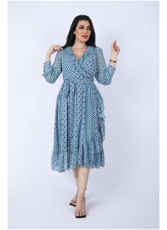 FULL JOY Dot chiffon midi wrap dress with long sleeves and a belt on waist, Cyan  - Image 1